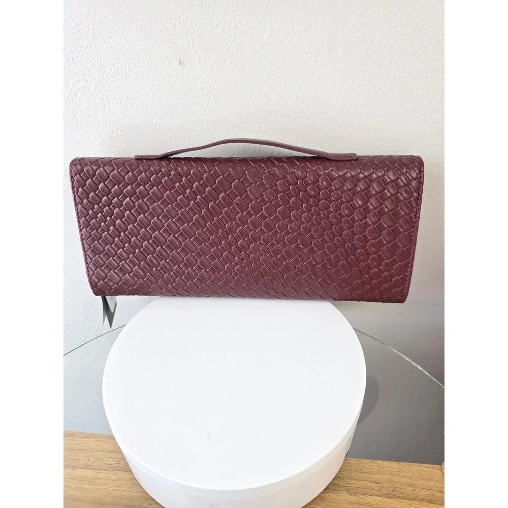 Woven Burgundy Vegan Leather Crossbody Clutch Bag with Knot Lock New